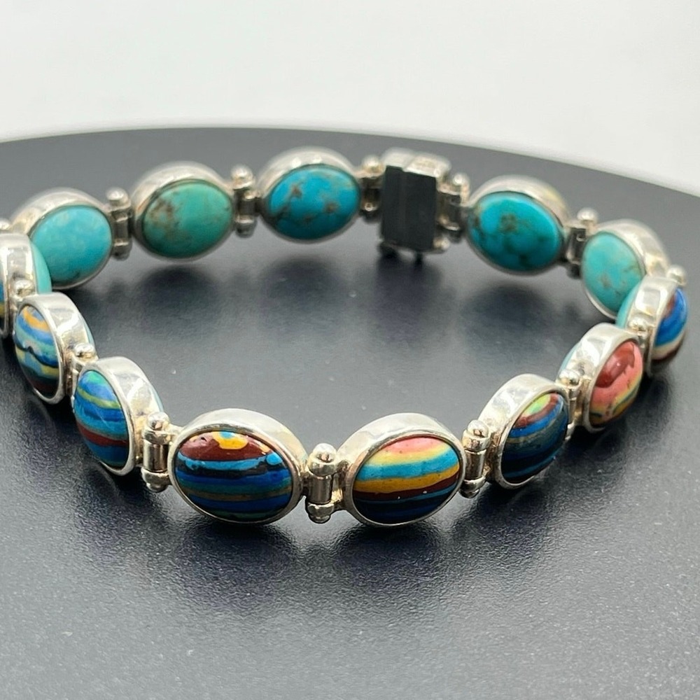 Jay King DTR Rainbow Calsilica Reversible Oval Turquoise Cabochon 925 Bracelet